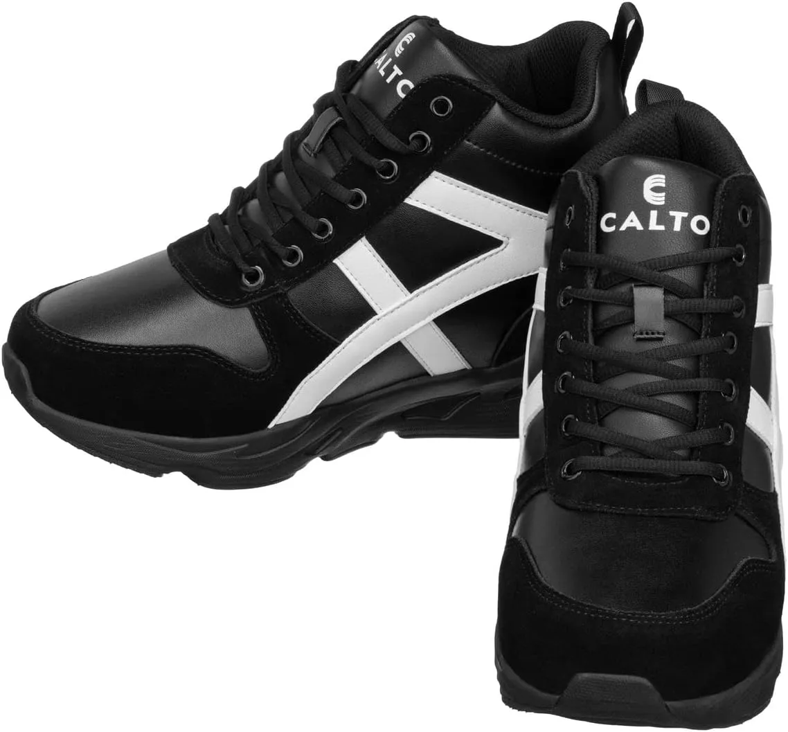CALTO Men's Invisible Height Increasing Elevator Shoes - Black/White Lace-up High-Top Hiking Style Sneaker Boots - 3.6 Inches Taller - S22783 - Size 9 D(M) US