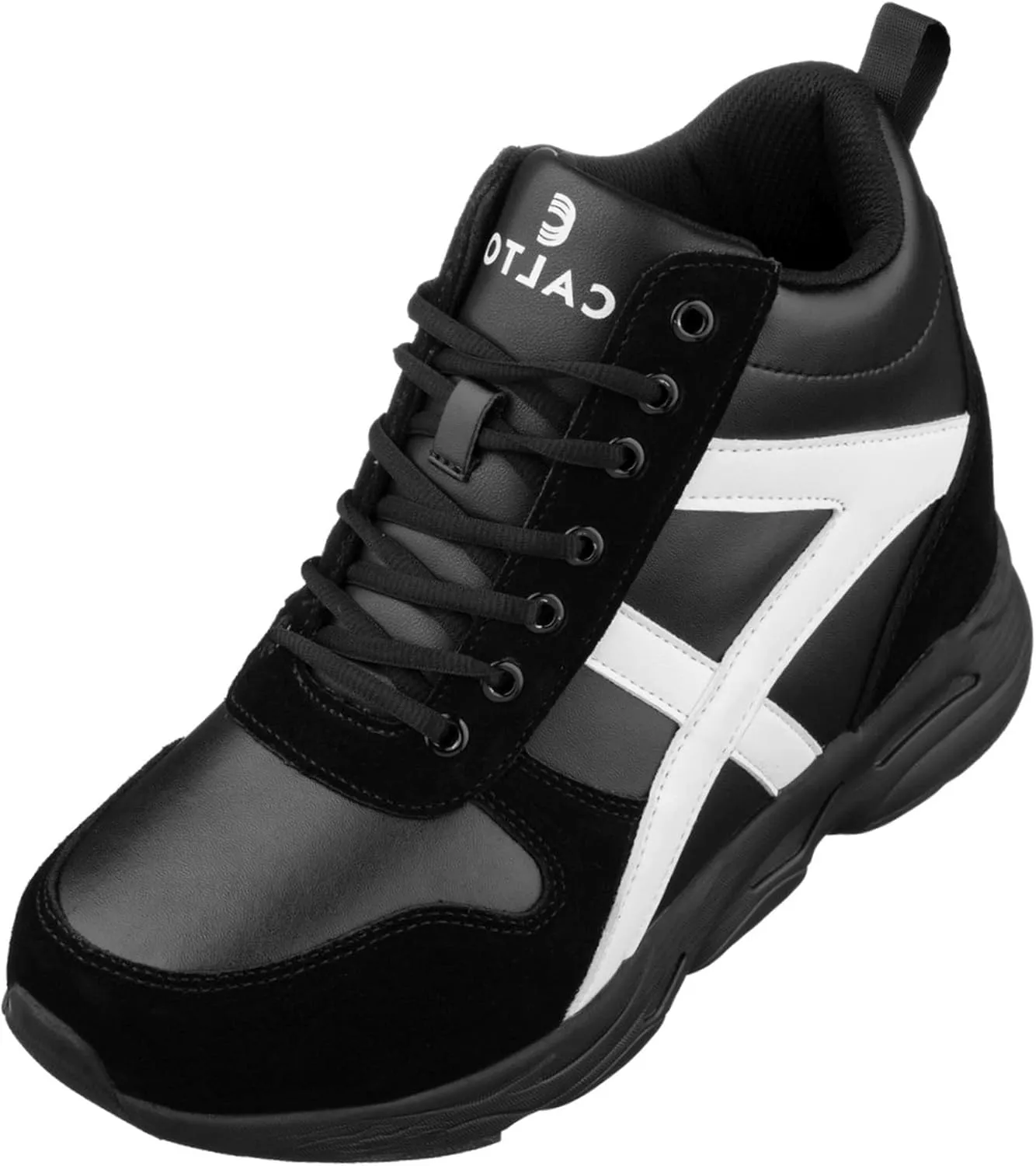 CALTO Men's Invisible Height Increasing Elevator Shoes - Black/White Lace-up High-Top Hiking Style Sneaker Boots - 3.6 Inches Taller - S22783 - Size 9 D(M) US