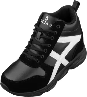CALTO Men's Invisible Height Increasing Elevator Shoes - Black/White Lace-up High-Top Hiking Style Sneaker Boots - 3.6 Inches Taller - S22783 - Size 9 D(M) US