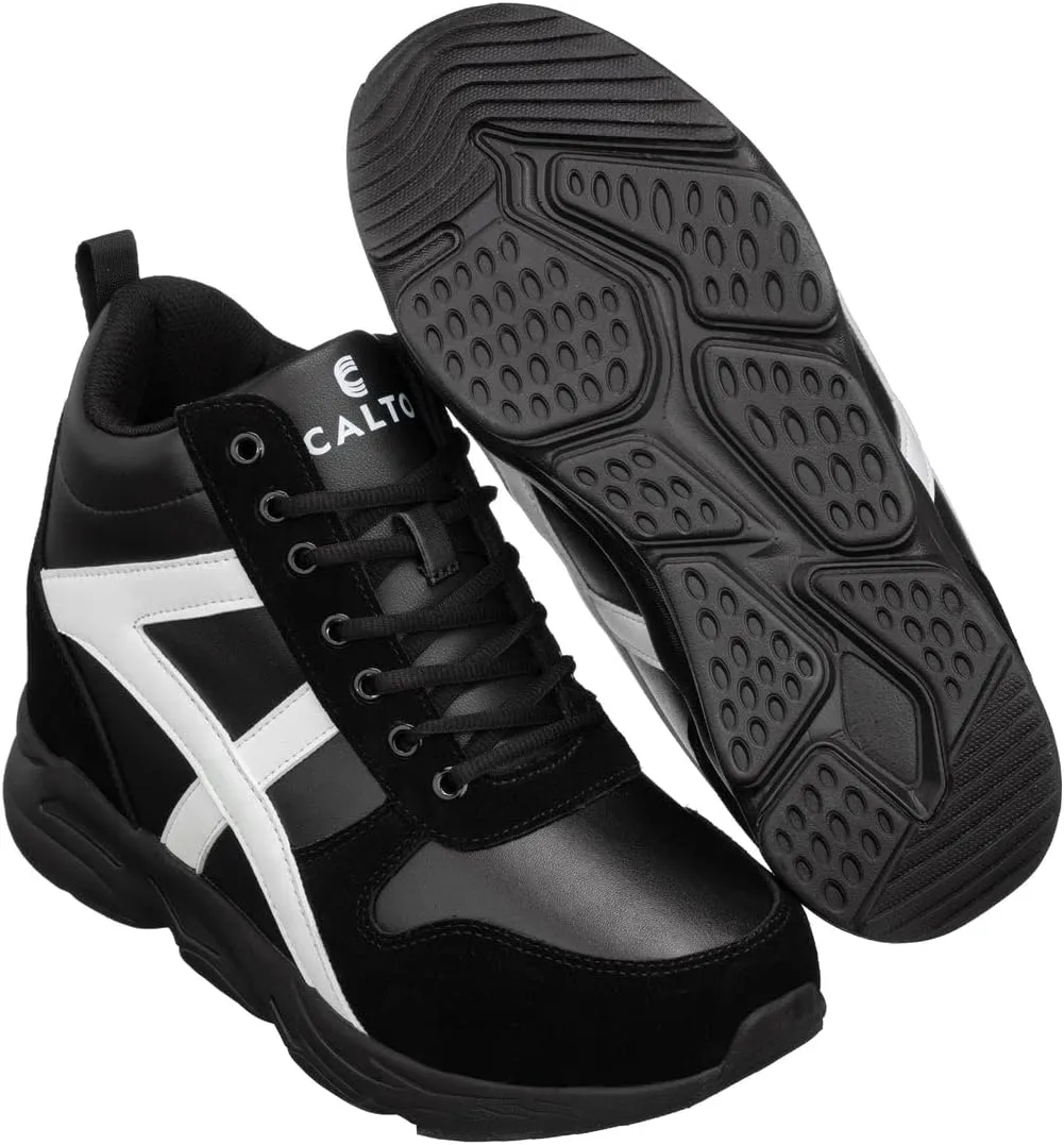 CALTO Men's Invisible Height Increasing Elevator Shoes - Black/White Lace-up High-Top Hiking Style Sneaker Boots - 3.6 Inches Taller - S22783 - Size 9 D(M) US