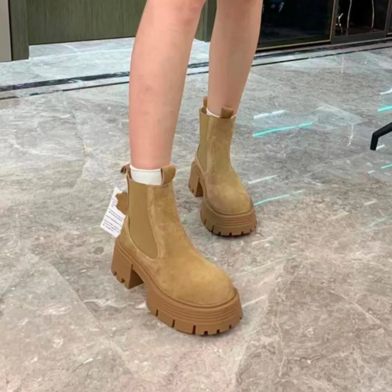 Camel Tan Suede Platform Chelsea Boots