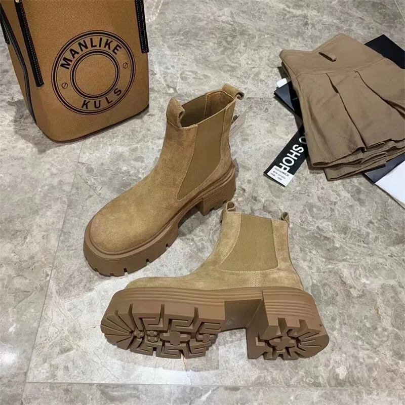 Camel Tan Suede Platform Chelsea Boots