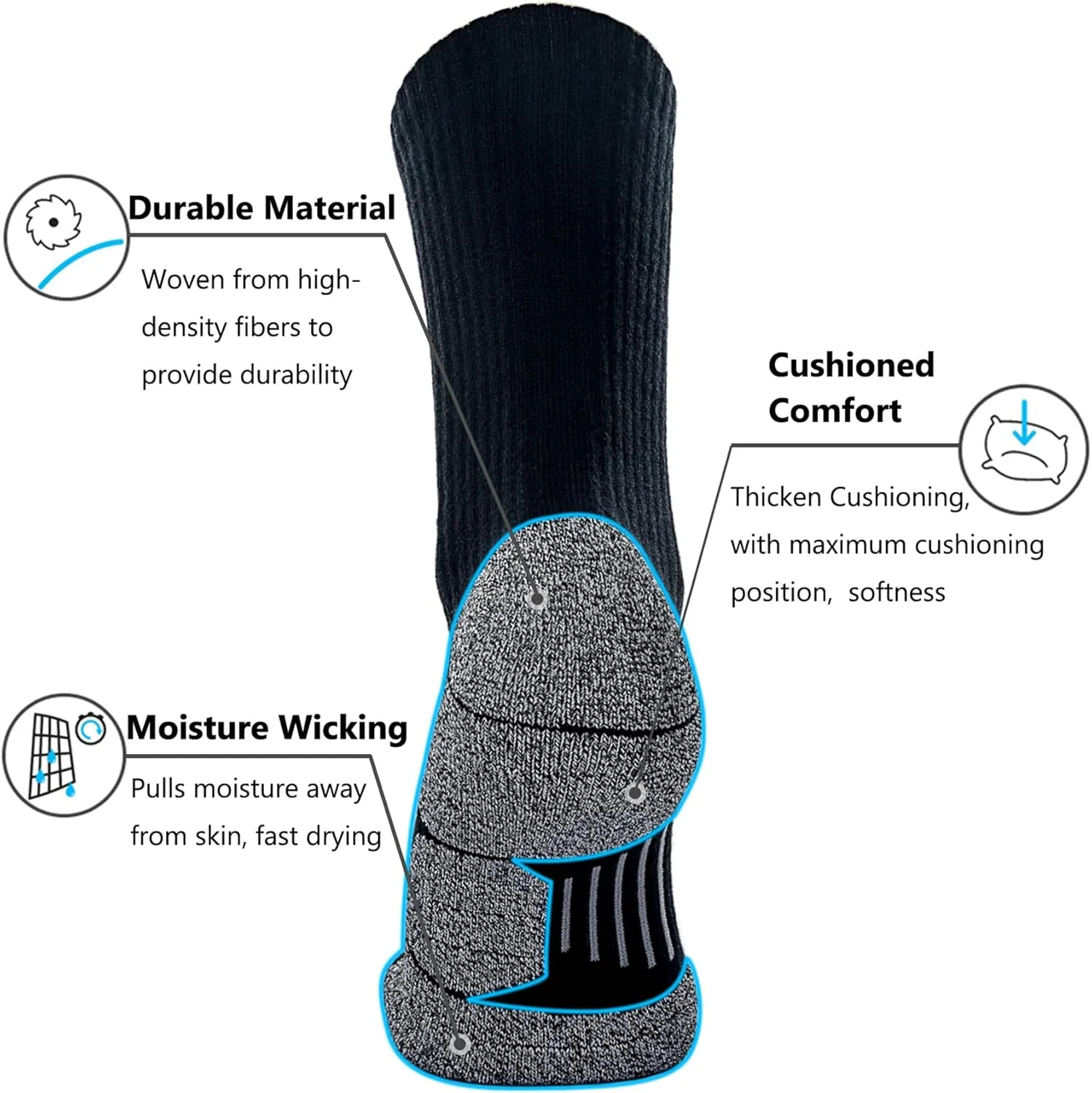 CWVLC Crew Hiking Socks, Cushion, Moisture Wicking, Arch Compression Boot Socks